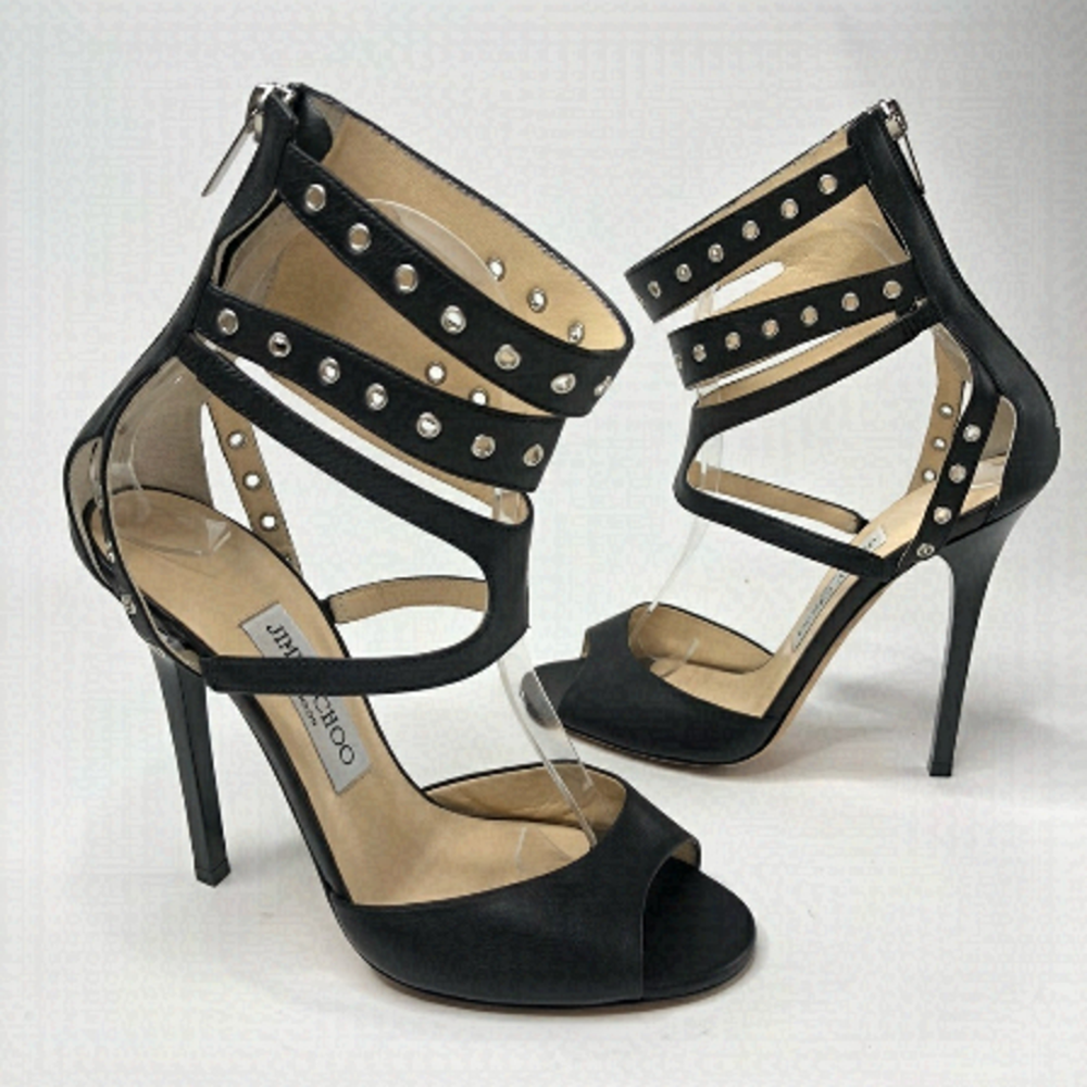 RARE Jimmy Choo Rihanna Blade Ankle Cuff Black Sexy Studded Heels Stilettos
